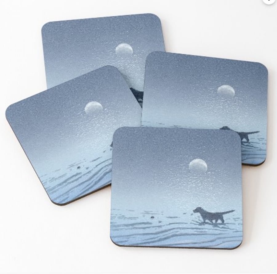 Moonlit dog walkies coaster gift for dog lover seaside memories