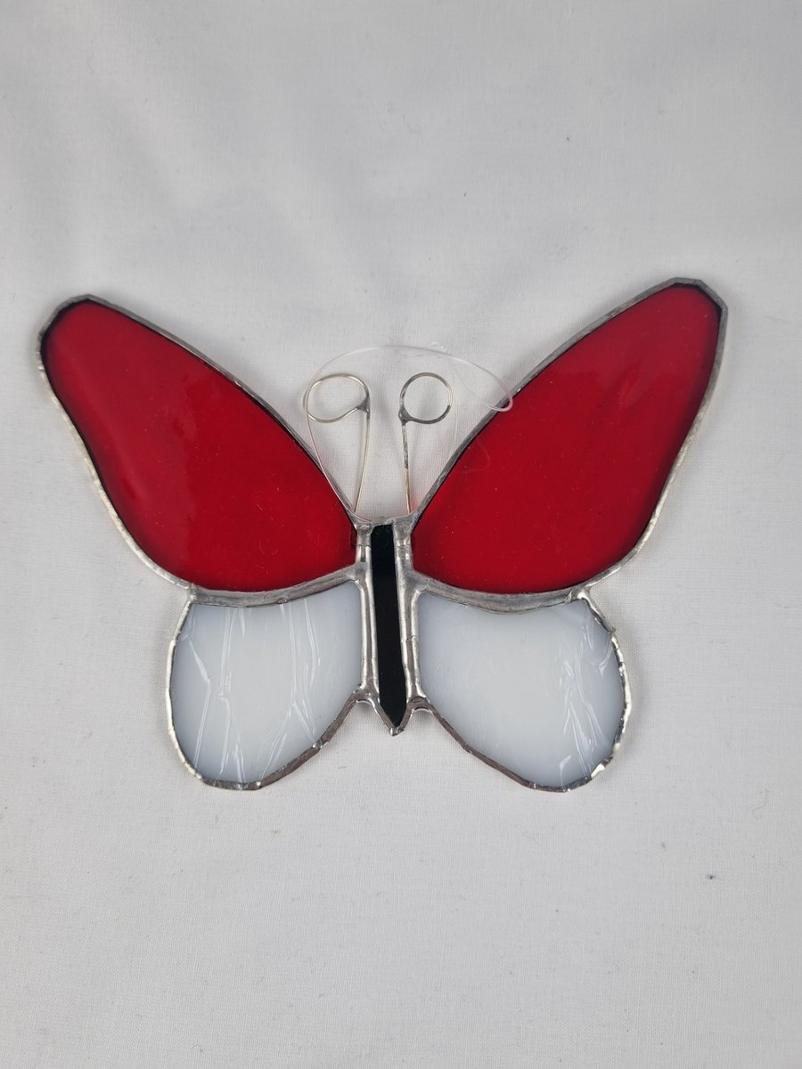 596 Stained Glass Small red white Butterfly - handmade hanging decoration.