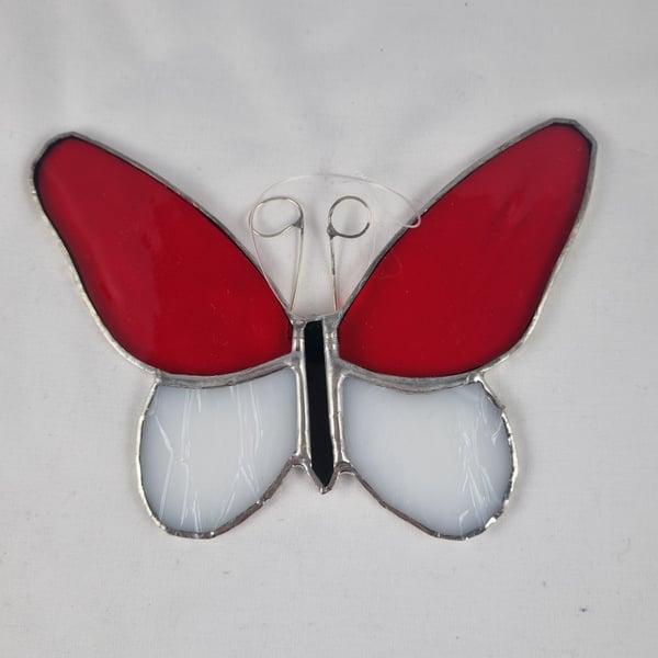 596 Stained Glass Small red white Butterfly - handmade hanging decoration.