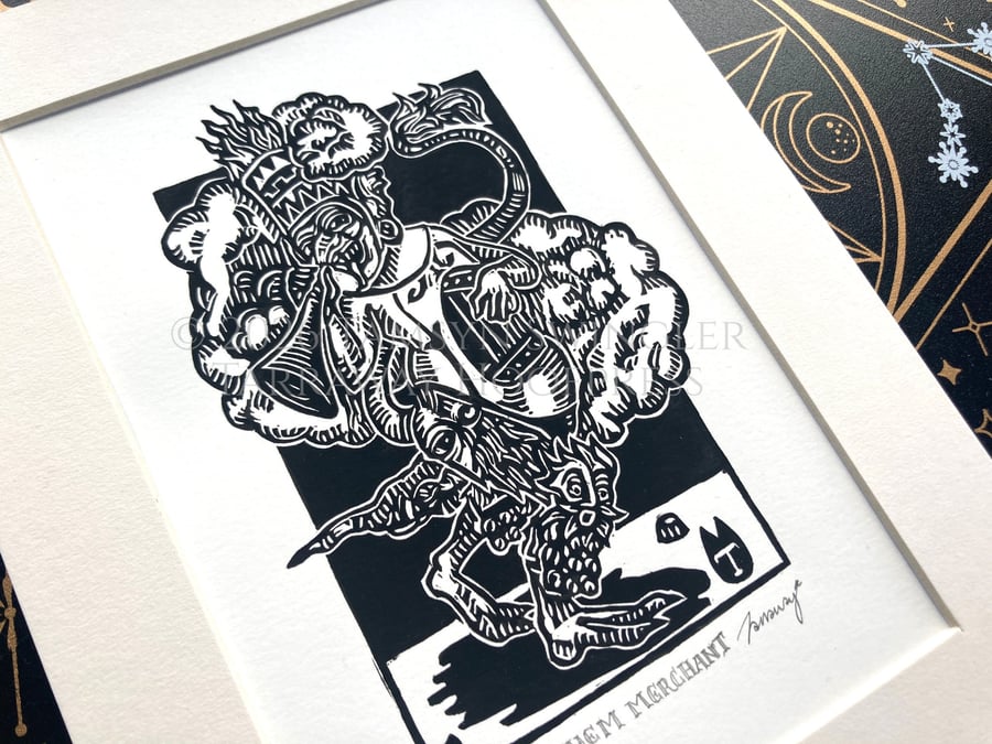 Mayhem Merchant - Bosch inspired - demon lino print - character