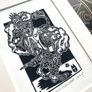 Mayhem Merchant - Bosch inspired - demon lino print - character