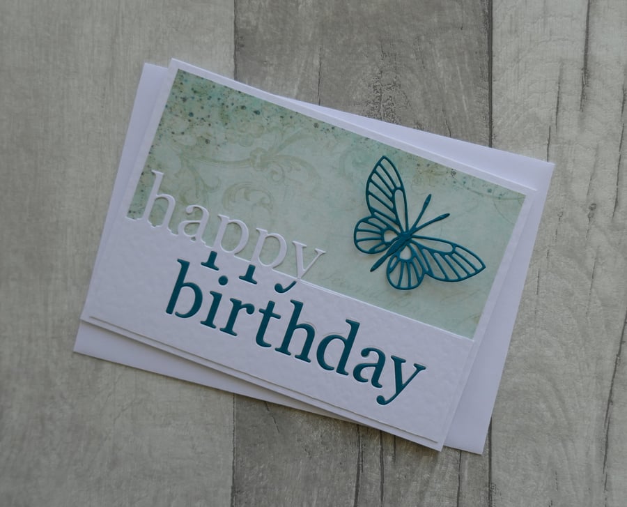 Turquoise Butterfly and Patterned Paper - Happy Birthday - Birthday Card