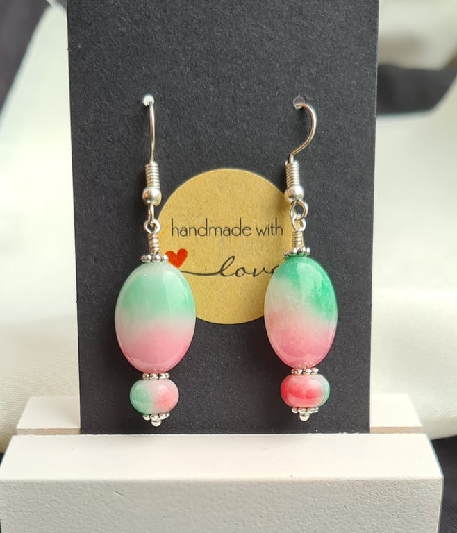 Gorgeous Watermelon Gemstone Oval Bead Earrings 
