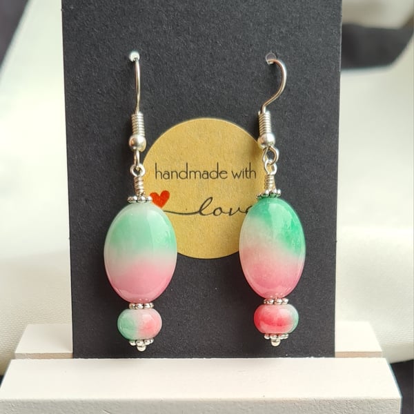 Gorgeous Watermelon Gemstone Oval Bead Earrings 