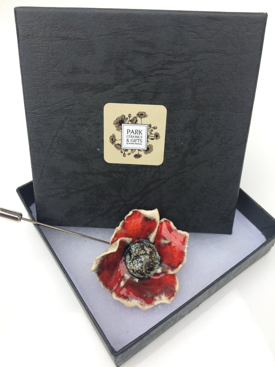 Red ceramic Poppy flower pin 
