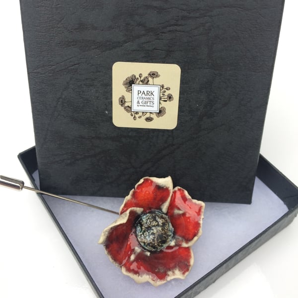 Red ceramic Poppy flower pin 