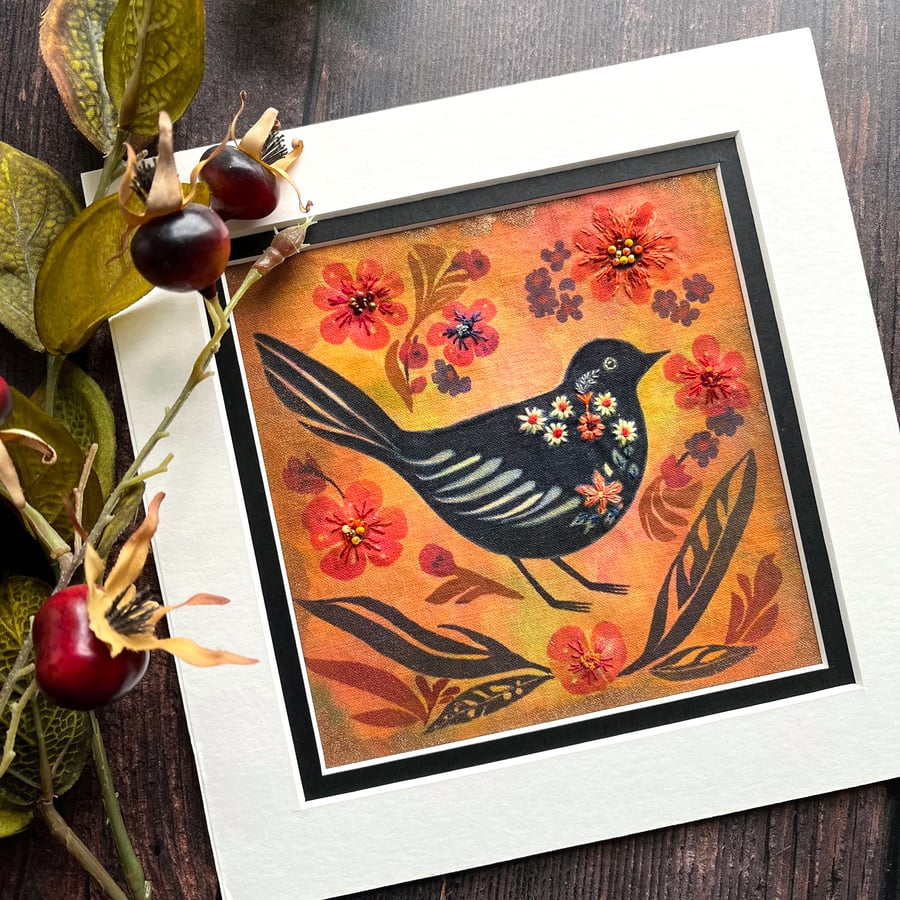 Textile picture of blackbird and flowers, fabric art, gift for bird lover