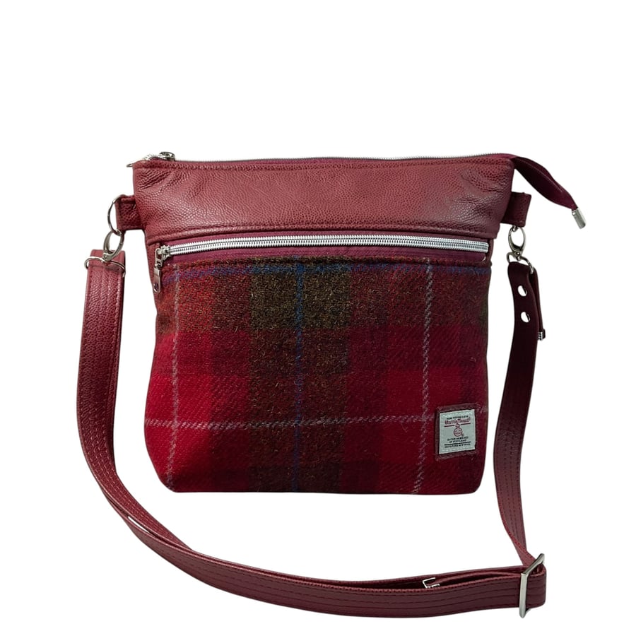 Genuine leather and Harris tweed handbag in red