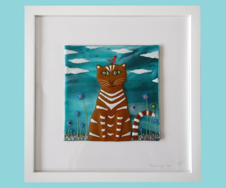 Handmade Fused Glass 'Ginger Cat' Picture