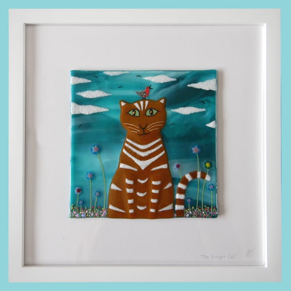 Handmade Fused Glass 'Ginger Cat' Picture