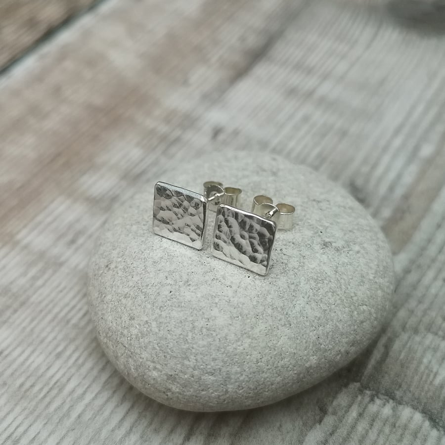 Sterling Silver Hammered Square Stud Earrings