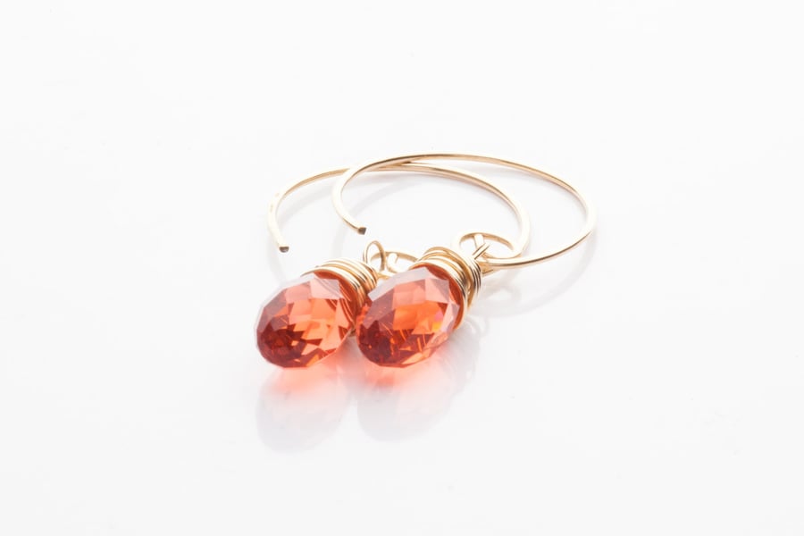 Gold Filled Drop Earrings with Swarovski Crystal Briolette pendant - Padparadsch