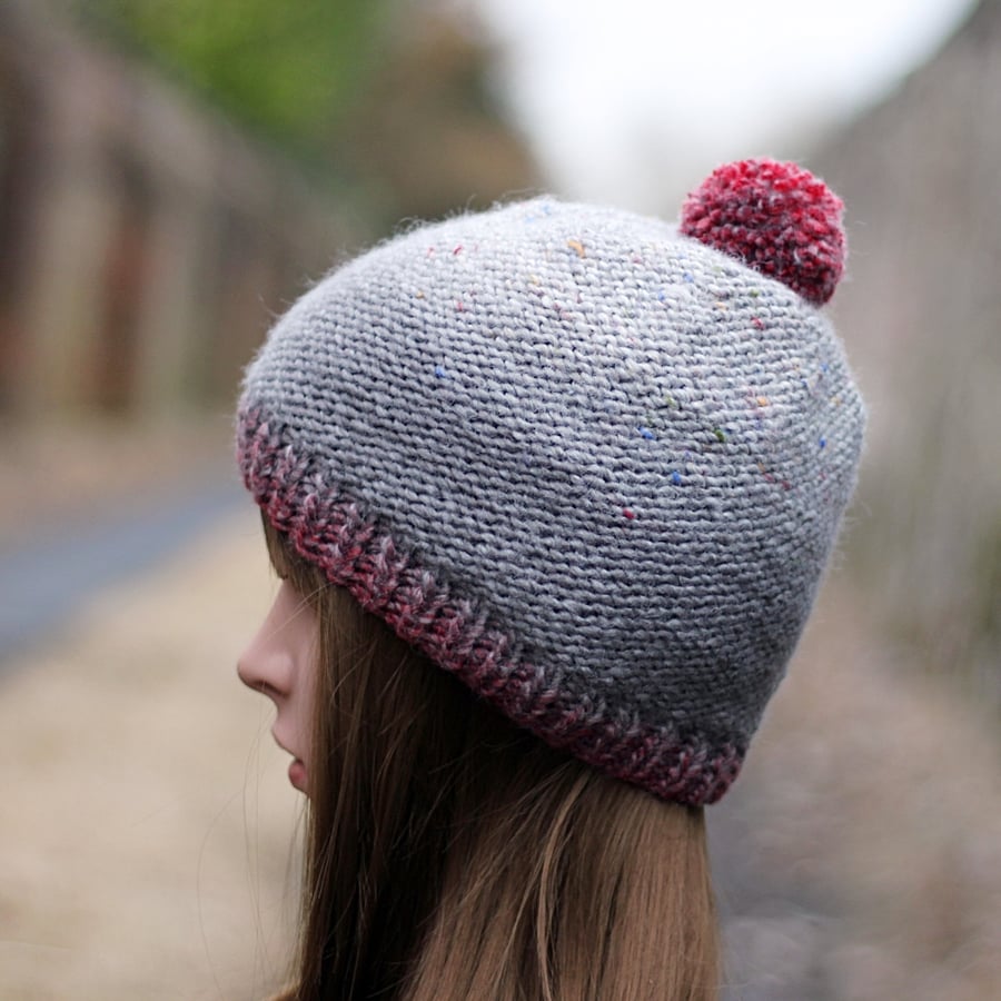 Knitted beanie bobble hat light gray mix with red, pom pom womens hat, gift, UK