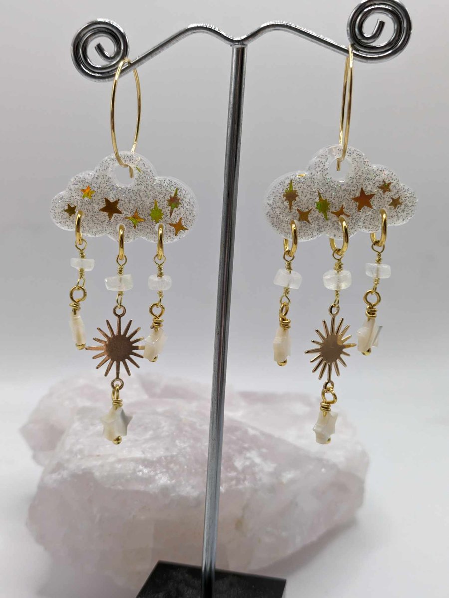 Resin Cloud Earrings, Statement Earrings, Moonstone Earrings, Glitter Cloud Hoop