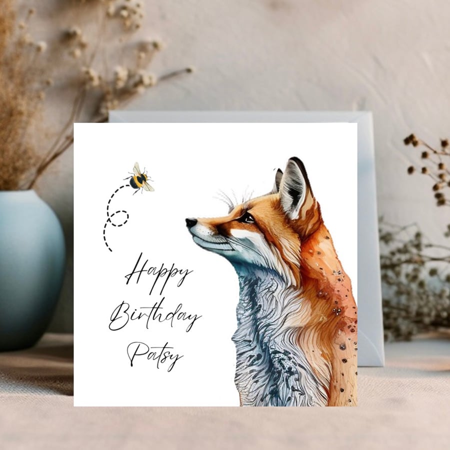 Personalised Watercolour Fox and Bee Greeting card personalised for any occasion