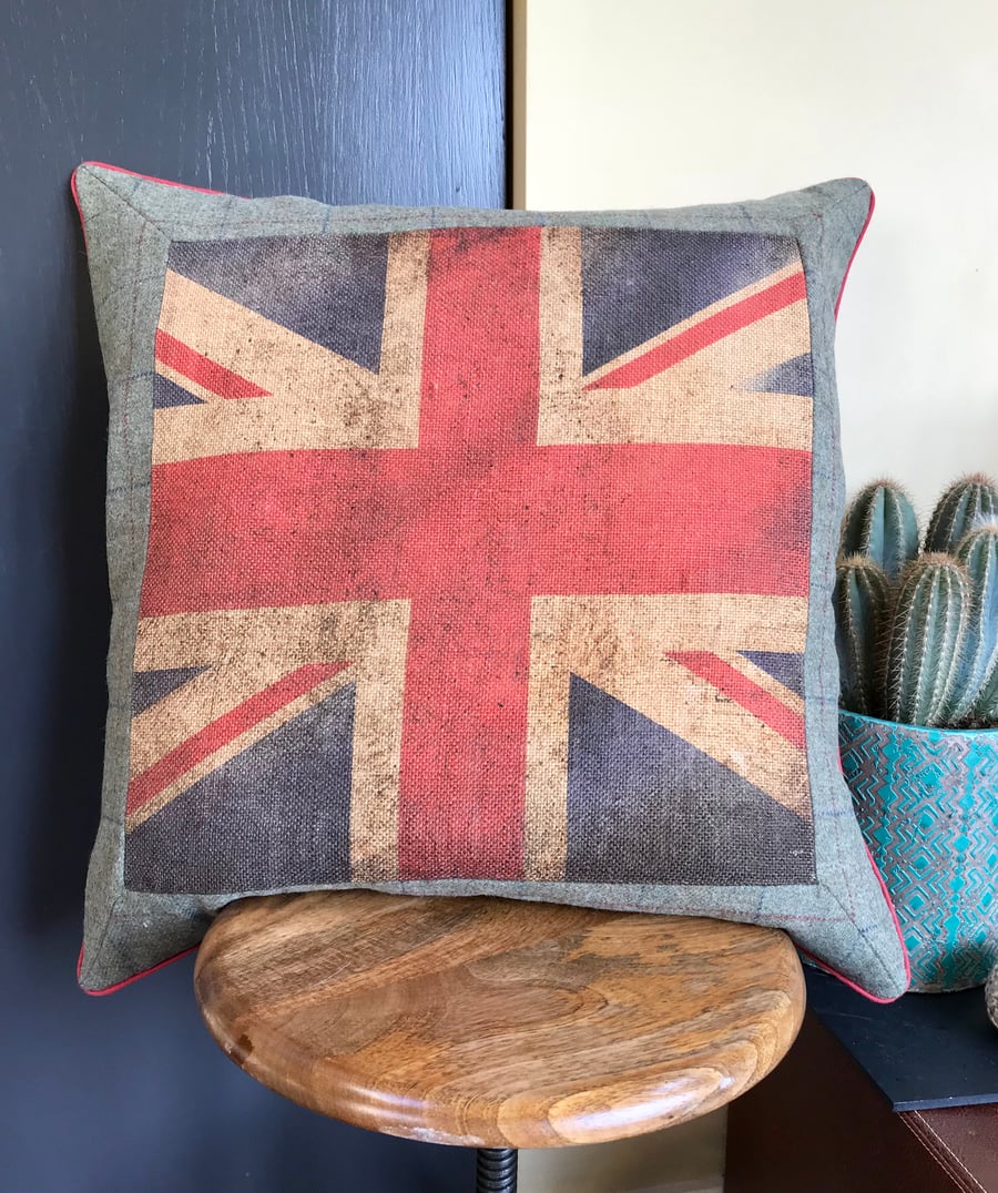 Union Jack cushion, Hessian and plaid pillow, large accent cushion. 