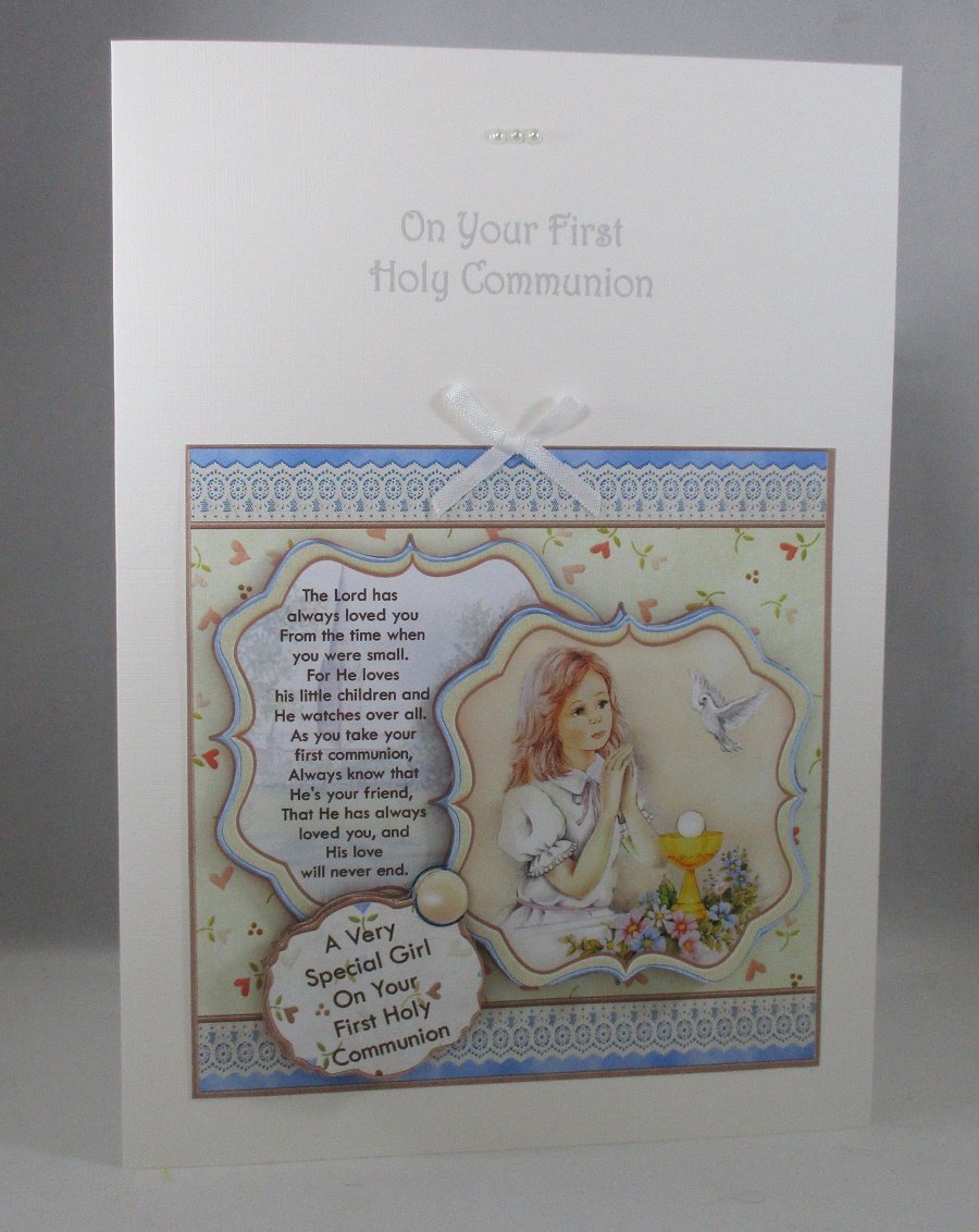 Holy Communion Decoupage Greeting Card ,Girl praying, Personalise