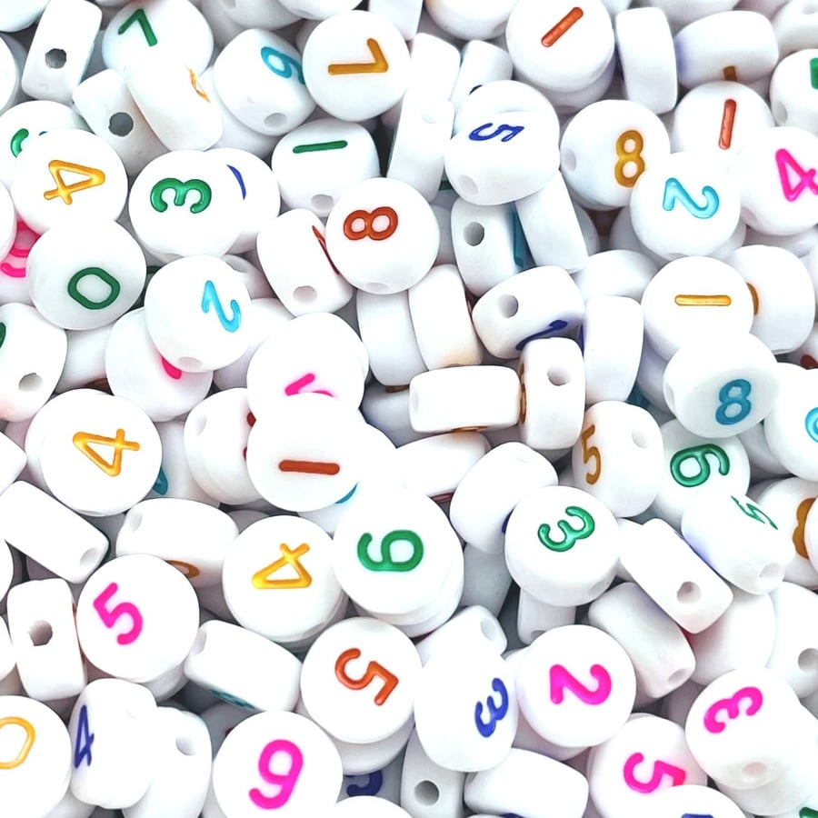 7mm Flat Round Number Beads - White Acrylic Beads with Colourful Numbers 