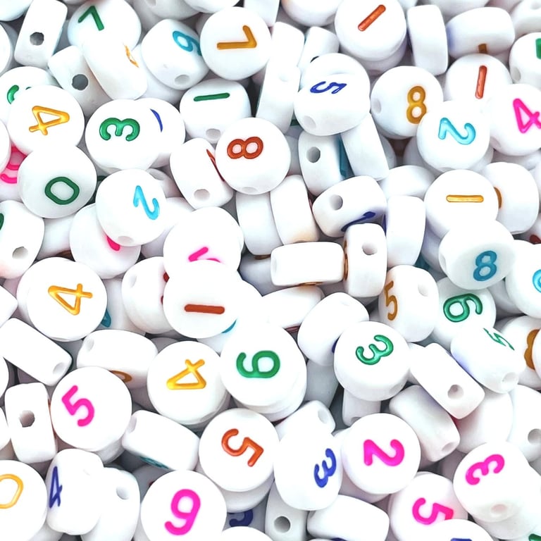 7mm Flat Round Number Beads - White Acrylic Beads with Colourful Numbers 