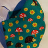 Face mask reusable triple layer 100% cotton turquoise with hedgehogs