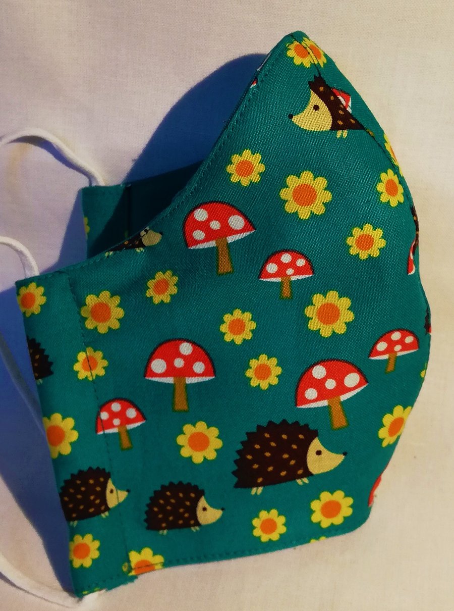 Face mask reusable triple layer 100% cotton turquoise with hedgehogs