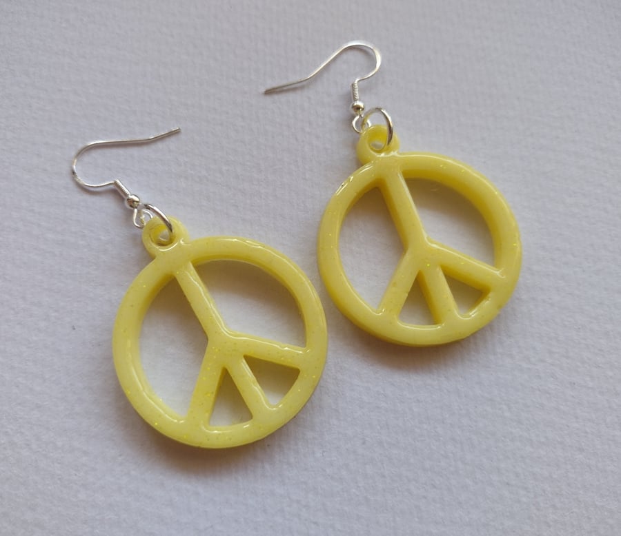 Yellow 'Peace' Earrings Handmade With Resin. 925 Silver Hooks.