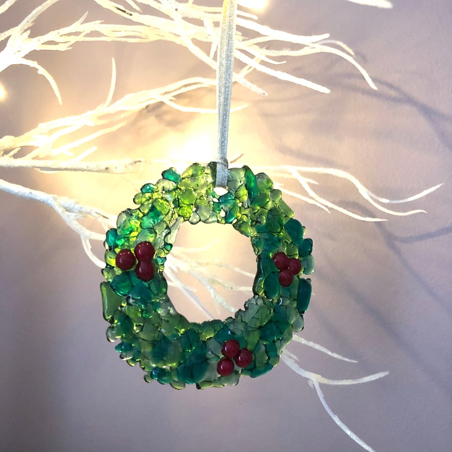 Fused Glass Holly Wreath