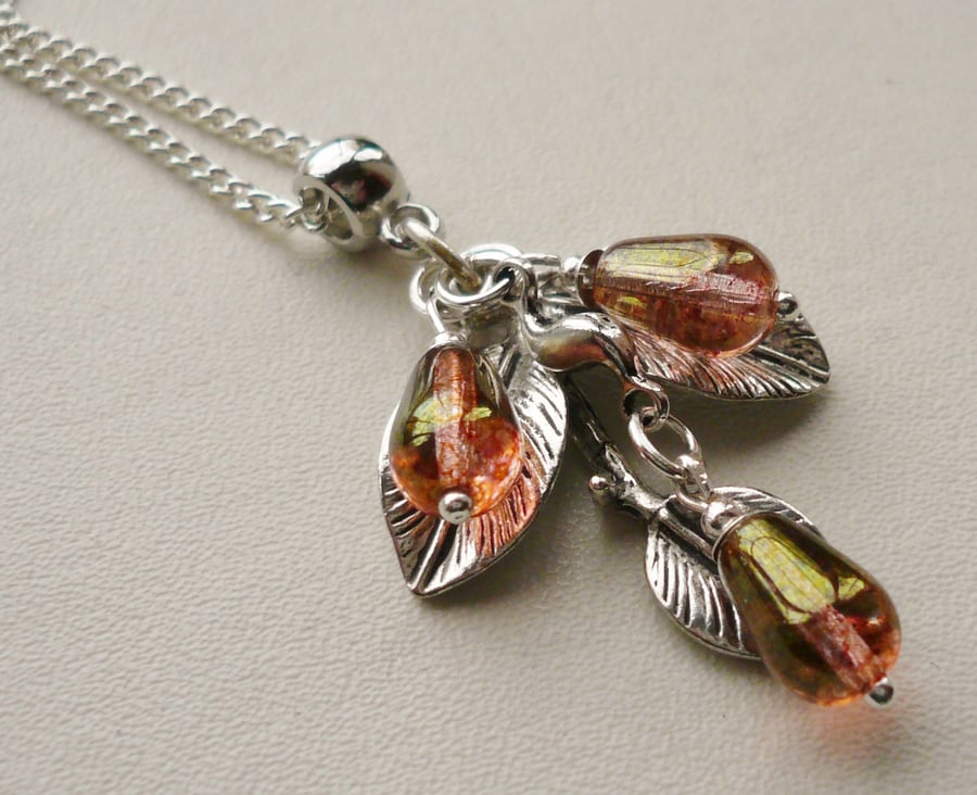 Pale Rose Glass Bead and Tibetan Silver Triple Leaf Pendant Necklace   KCJ723