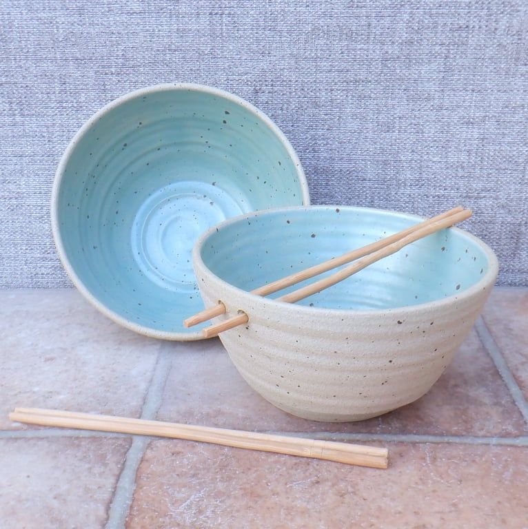 Pair of noodle soup rice or cereal serving bowl stoneware pottery handmade 