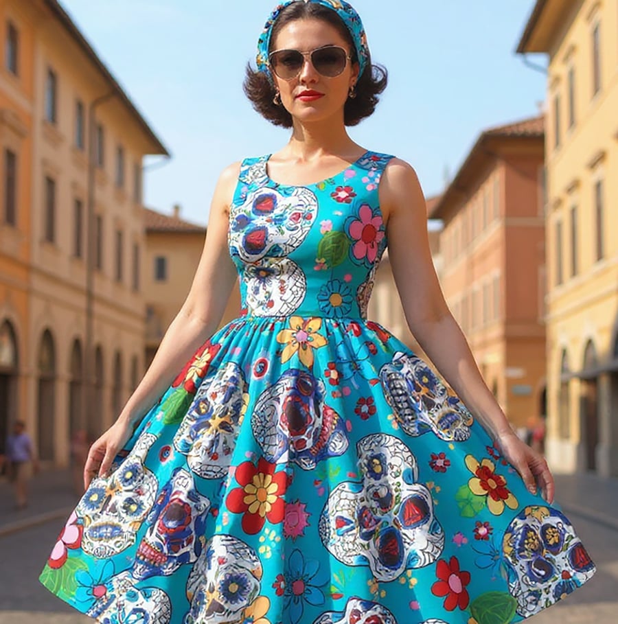 1950s Vintage Retro Rockabilly Dress Sugar Skull print Turq women's sizes 14-26
