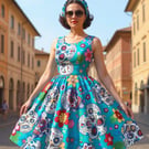 1950s Vintage Retro Rockabilly Dress Sugar Skull print Turq women's sizes 14-26