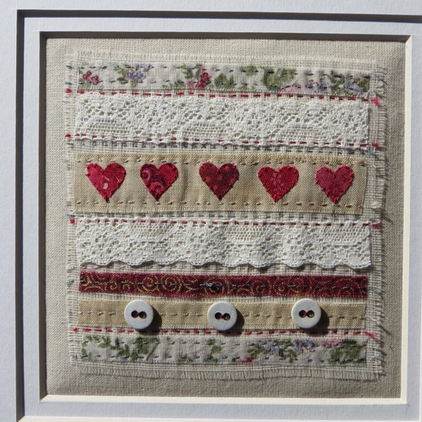 Little Red Hearts Sampler small hand-stitched framed textile, a gift of love