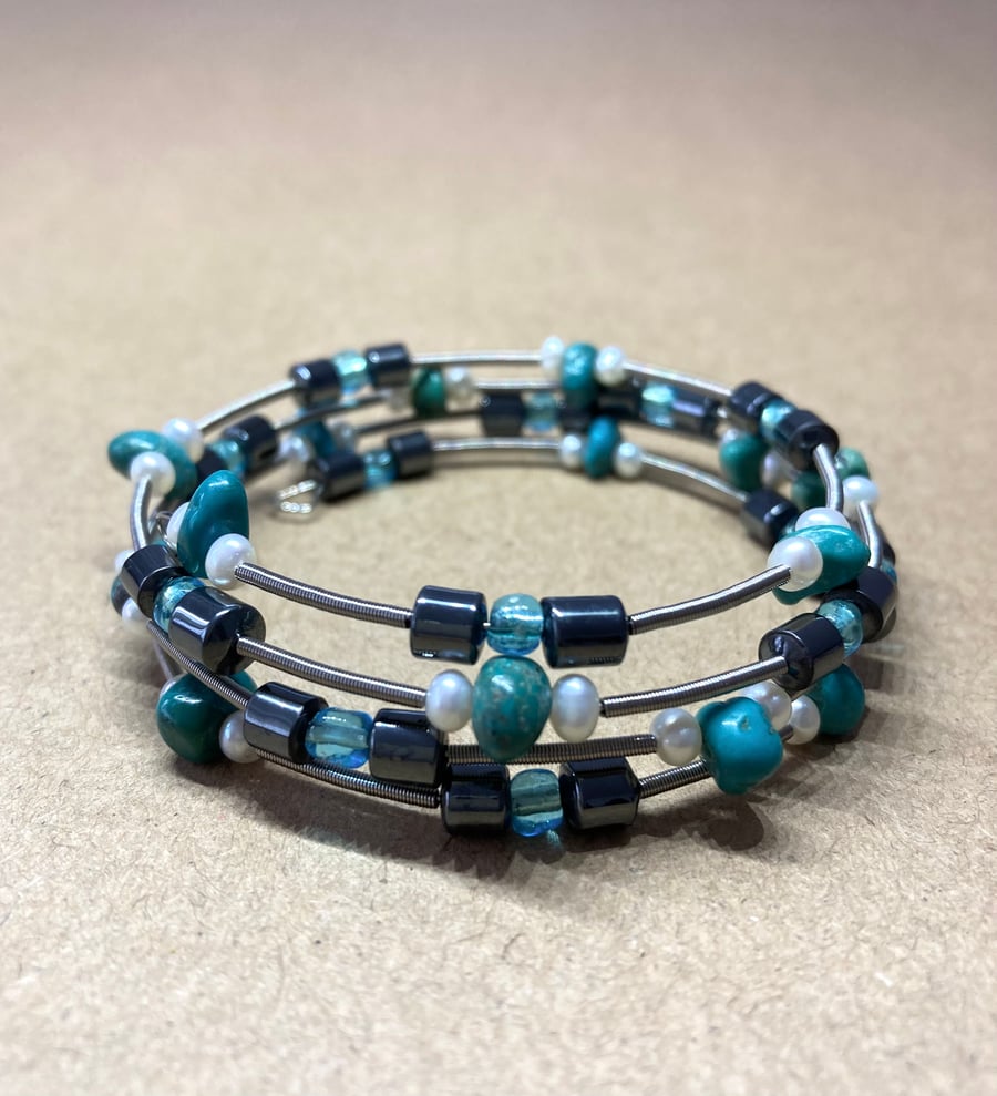 Semi precious Hematite stone beads - freshwater seed pearls - turquoise 