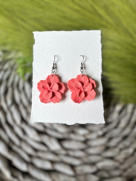 Coral Peach Hibiscus Polymer Clay Flower Earrings 