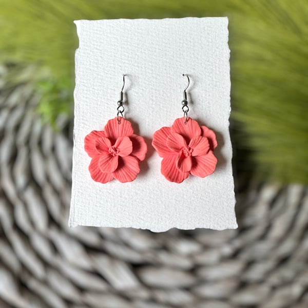 Coral Peach Hibiscus Polymer Clay Flower Earrings 