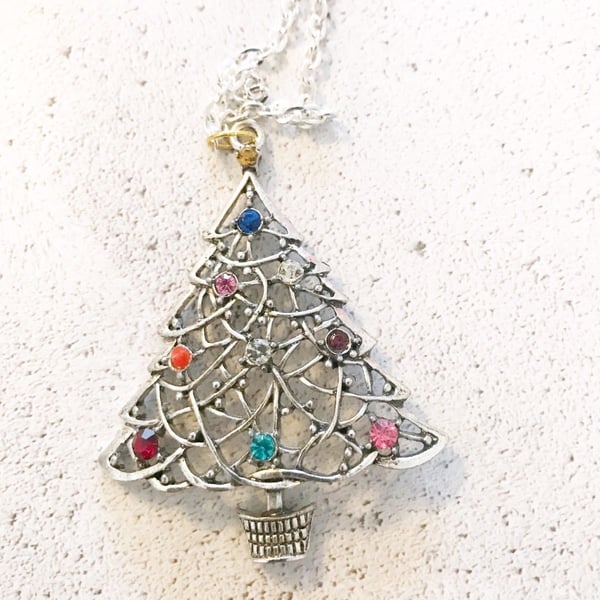 Christmas Tree Necklace with Vintage Gemstones 