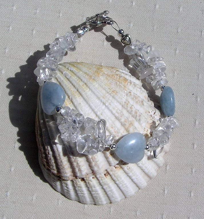 Aquamarine Heart & Clear Quartz Crystal Gemstone Bracelet "Angels Kisses"