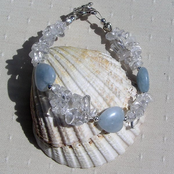 Aquamarine Heart & Clear Quartz Crystal Gemstone Bracelet "Angels Kisses"