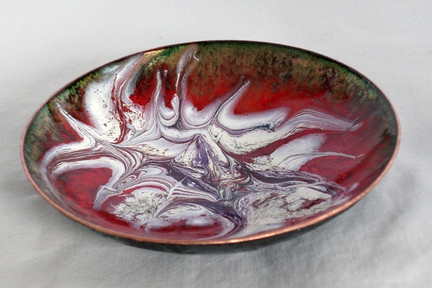 large dish scrolled white and amethyst over red