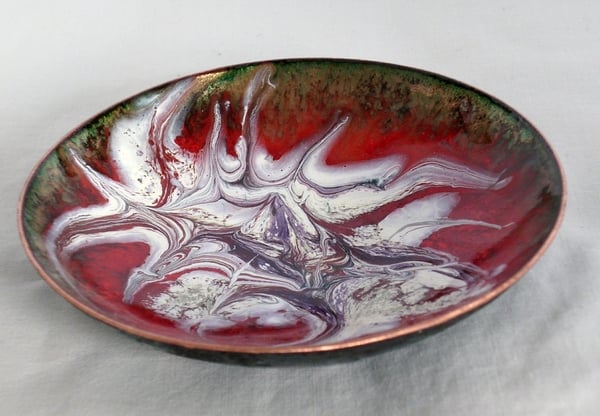 large dish scrolled white and amethyst over red