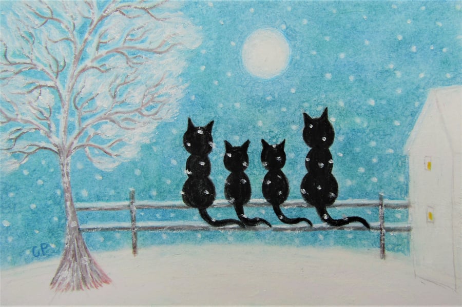Cats Christmas Card, Family of Four Black Cats, Kids card, Snow Tree Two Kittens