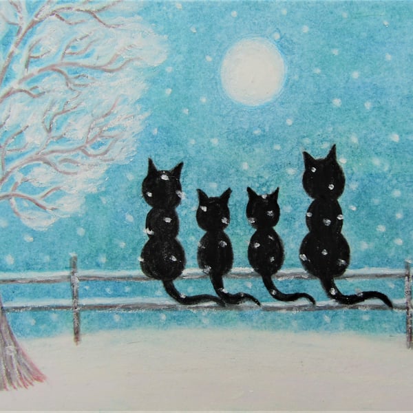 Cats Christmas Card, Family of Four Black Cats, Kids card, Snow Tree Two Kittens