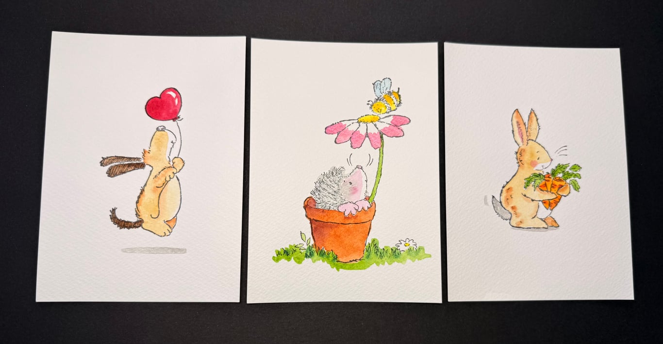 Hand watercoloured postcards from Penny Black stamps - rabbit, dog and hedgehog