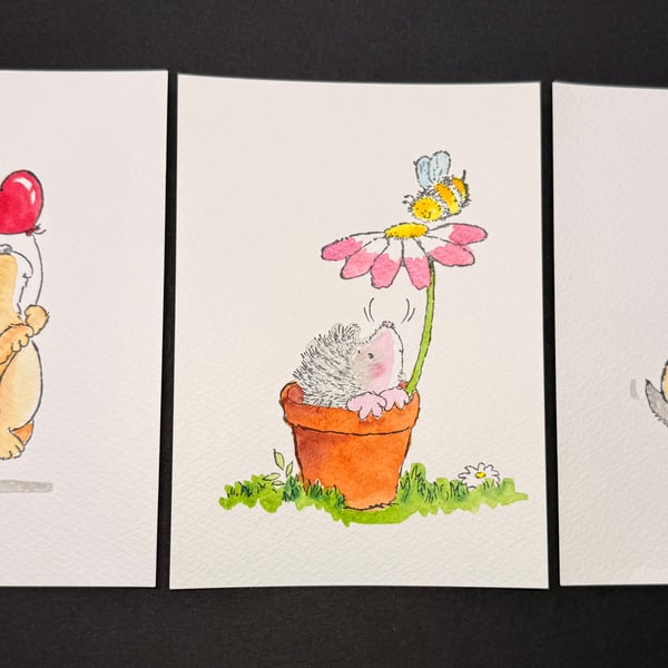 Hand watercoloured postcards from Penny Black stamps - rabbit, dog and hedgehog