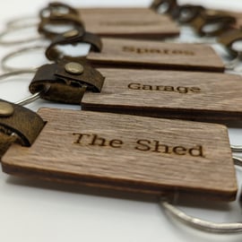 Reclaimed wood & leather engraved key ring keychain