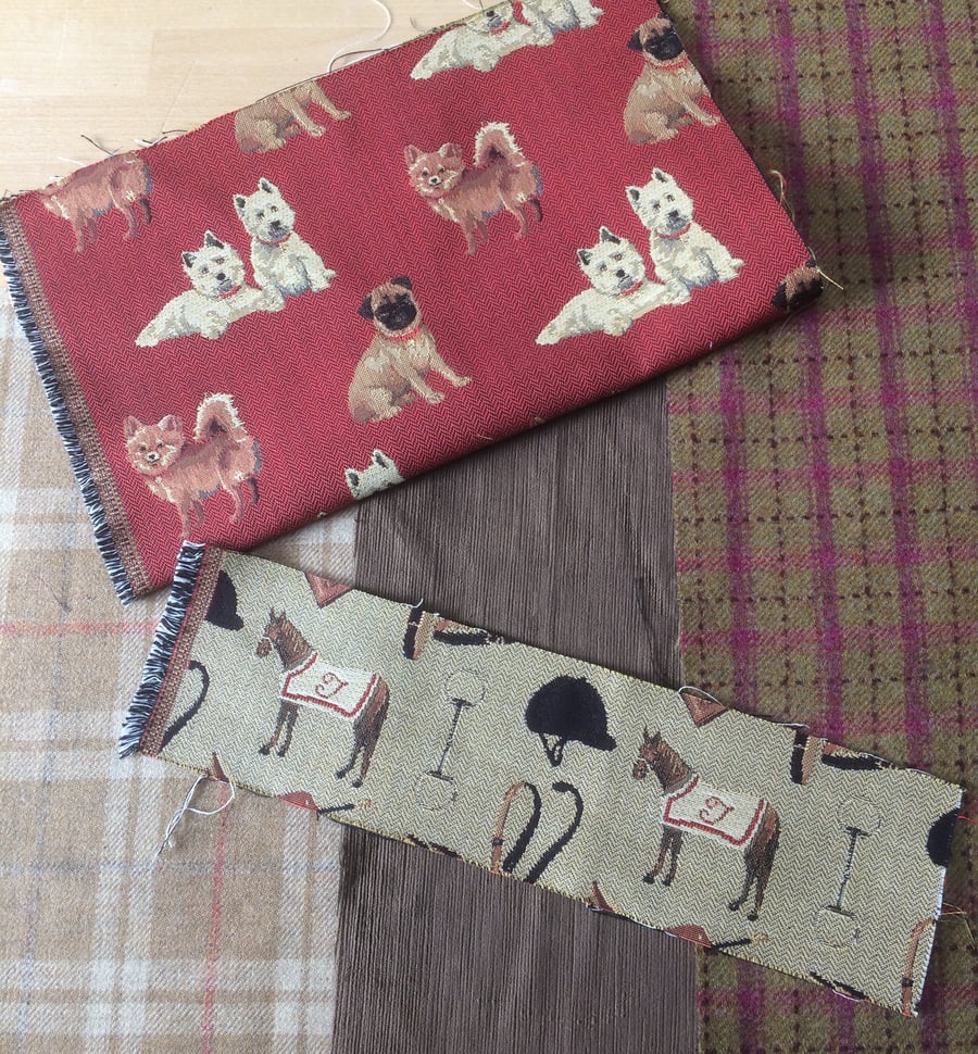 Pug Dog Horse Tweed Brown Red PInk DIY Patchwork Cushion Bag Fabric Craft Pack