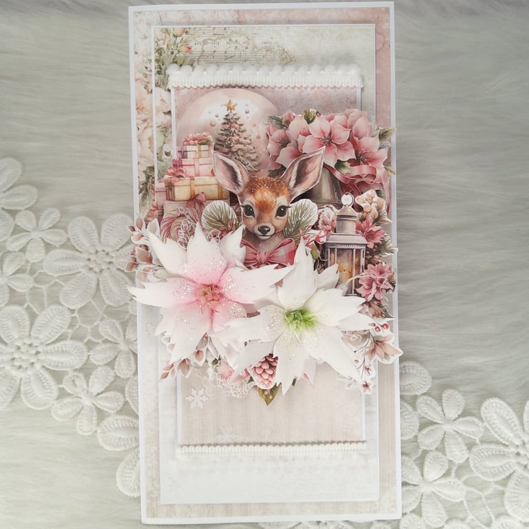 Pink Reindeer Christmas Card. Luxury Pink Christmas Card. Festive Keepsake. (1)