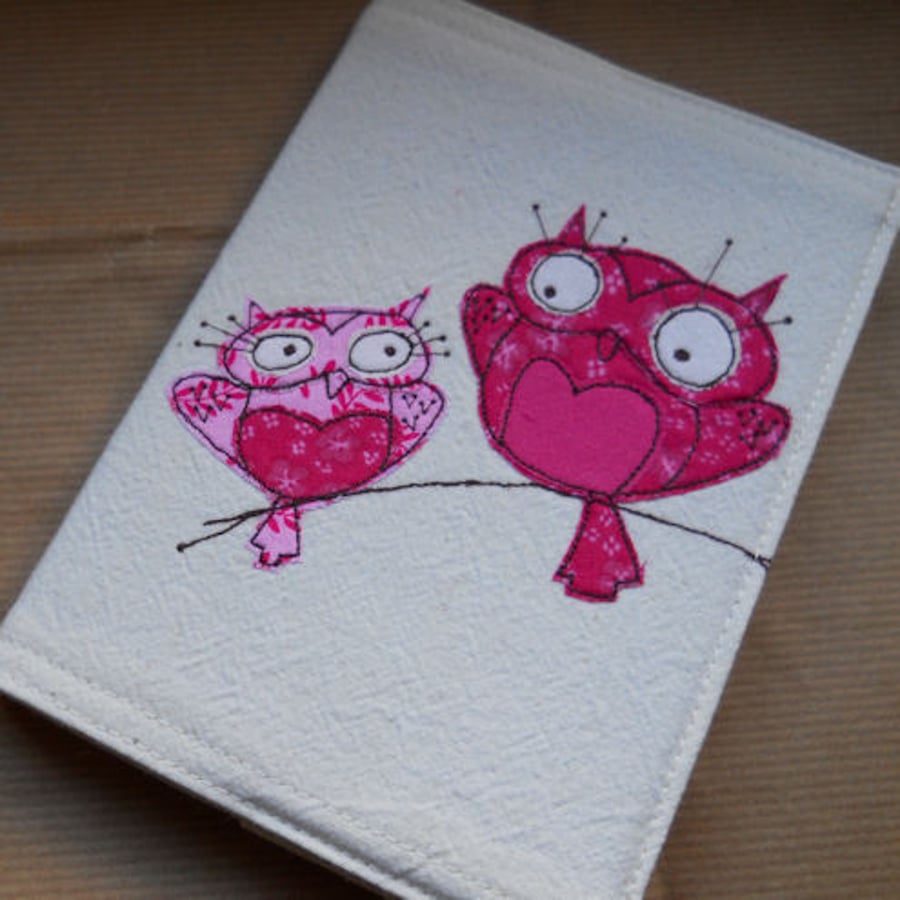 embroidered pink owls fabric notebook cover - A6 size