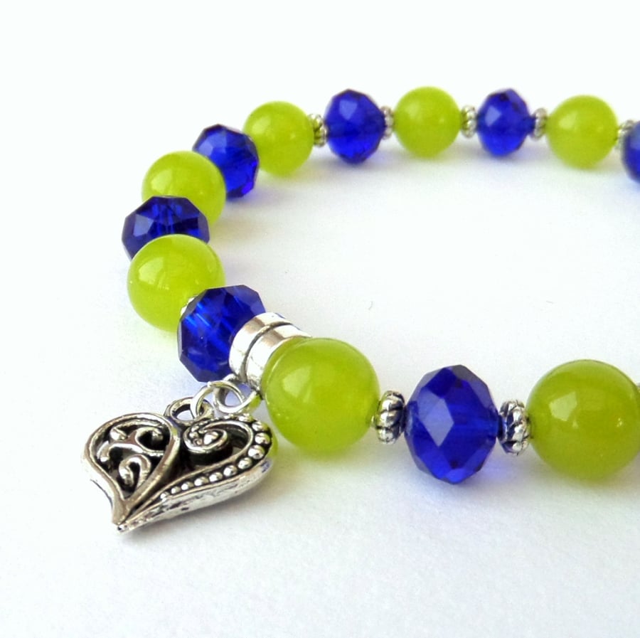 Handmade heart charm bracelet, with lime green peridot & blue crystal 
