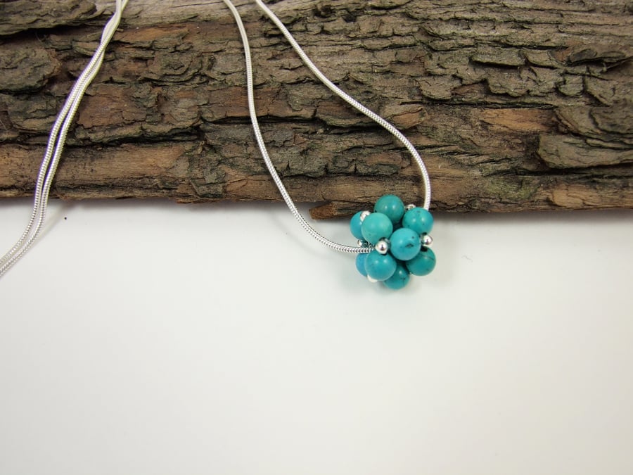 Turquoise Necklace, Sterling Silver and Handwoven Beaded Bead Gemstone Ball